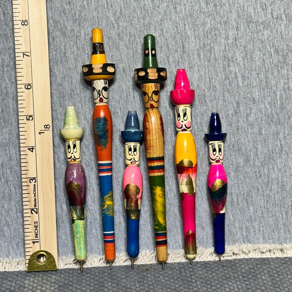 Vintage Mexican Folk Art Wooden Pens Hand Painted Sombrero Character Set of 6 - Picture 2 of 3